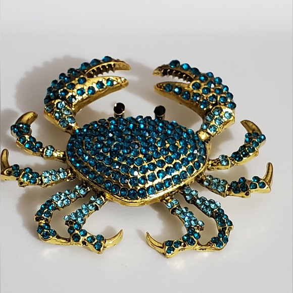 Blue Crab Brooch pin crystals stones gold vintage style AMAZING beach - Picture 6 of 8